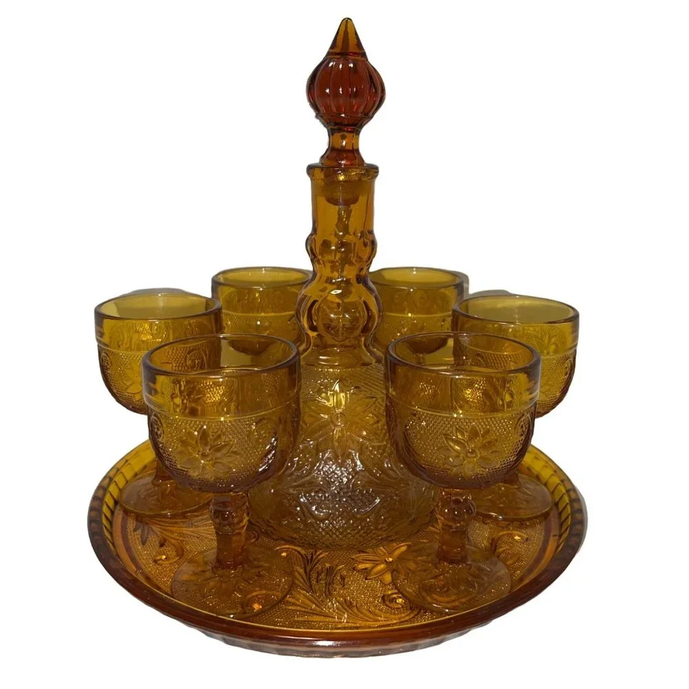 Vintage 9 Pc Decanter Set W/ Tray Indiana Glass Amber Tiara Sandwich Pattern
